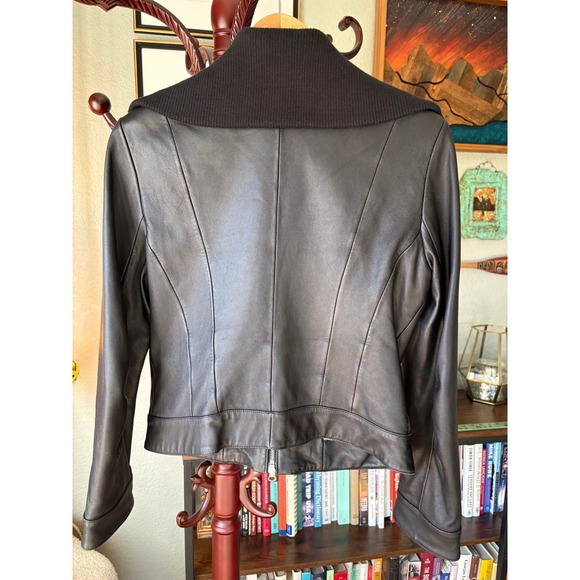 Y2K Guess Black Leather Moto Jacket Ribbed Collar Double Zip - Medium - Picture 3 of 9
